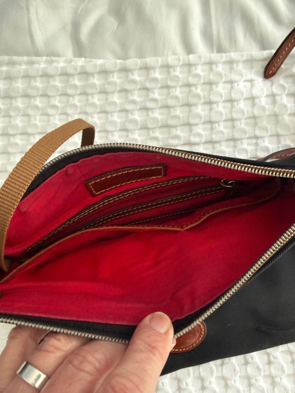Dooney & Bourke Black Crossbody with Brown Leather Trim and Red Accent - Picture 3 of 4
